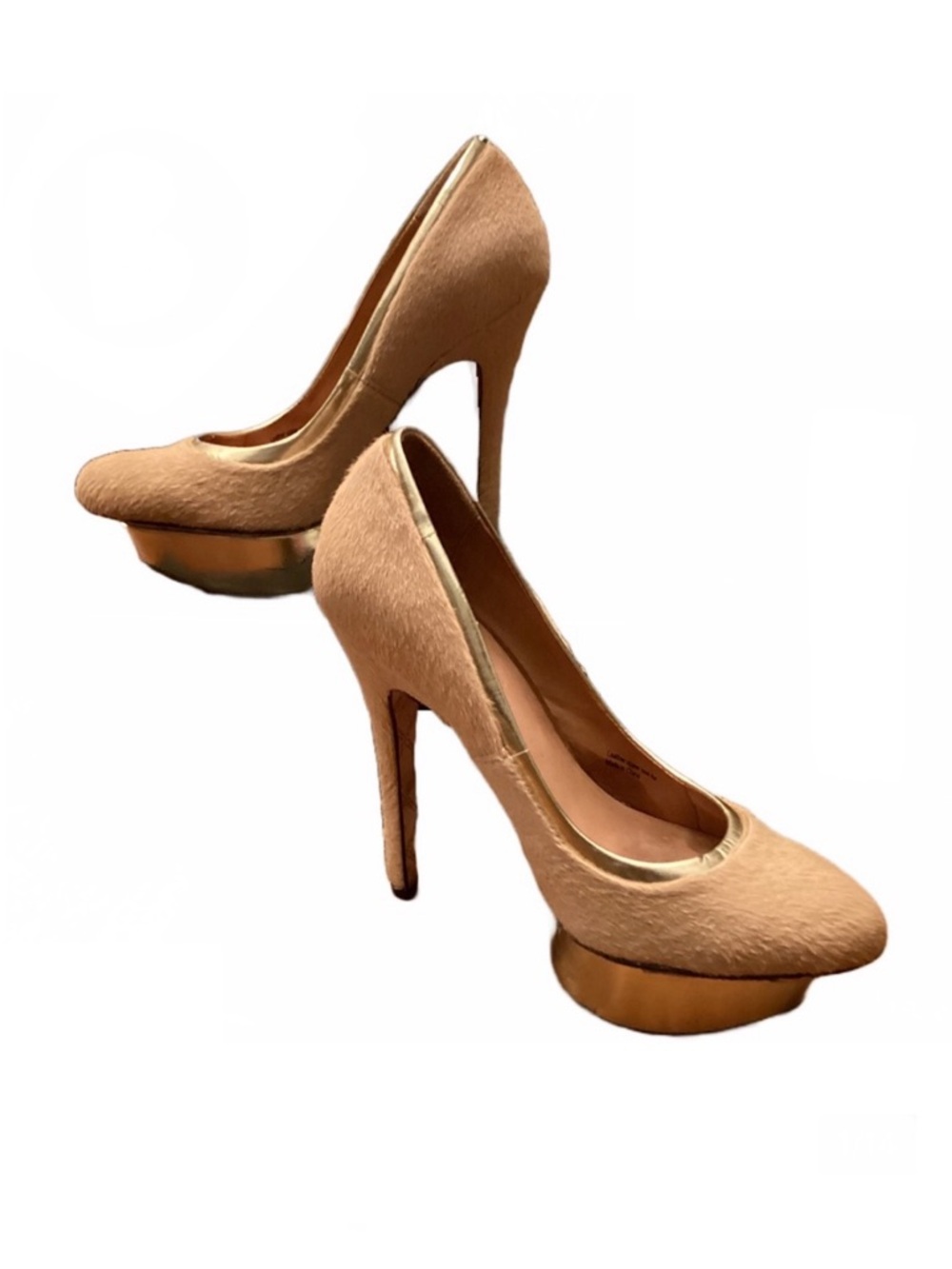 L.A.M.B. BEIGE & GOLD FUR & LEATHER "NIKKO" PLATFORM STILETTO HEELS (6M)